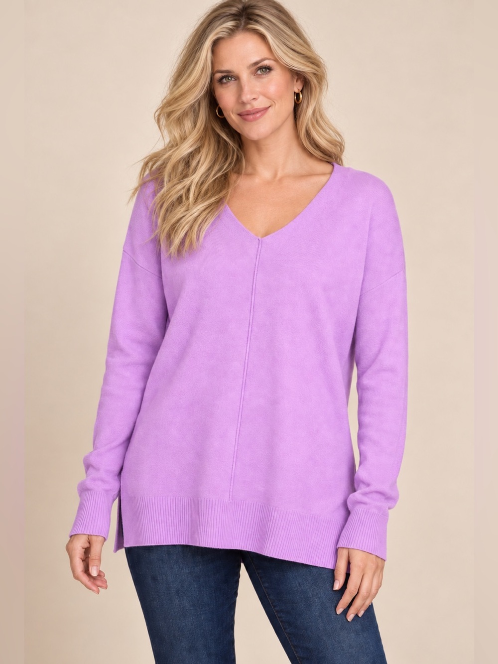 Bright Lavender V-Neck Front-Seam Relaxed-Fit Sweater